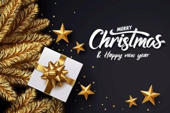 Paper art of Merry Christmas and happy new year calligraphy hand write with golden Christmas tree, golden star and white gift box on black.