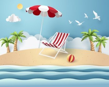 Paper art of red car park at beach, origami and travel concept, vector art and illustration.