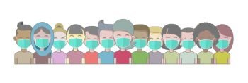 Multiethnic Group of Young People in Green Medical Face Mask. Concept of Coronavirus Quarantine Vector Illustration. 