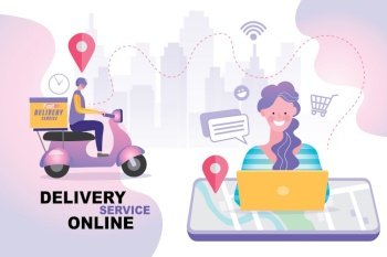 E-commerce concept, Fast delivery by scooter on mobile, Online food order infographic. Webpage, app design. Isolated vector.