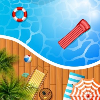 Summer background with swimming pool, umbrella, mattress