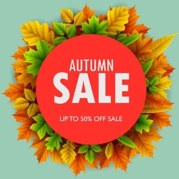 Vector illustration of Red round frame with autumn leaves sales