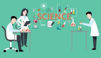 Concept research scientist. Science laboratory, People in white coat. Chemical researchers with laboratory equipment. Science experiment in lab. Vector illustration flat design.