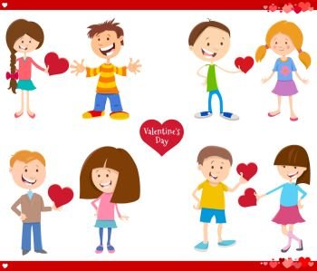 Greeting Card Cartoon Illustration with Girls and Boys Couple in Love with Heart on Valentines Day Set