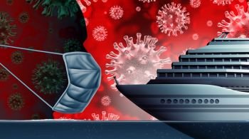 Cruise ship coronavirus public health risk  on a boat liner as a contagious disease and flu outbreak or coronaviruses influenza as a pandemic medical concept at sea with dangerous cells as a 3D render.