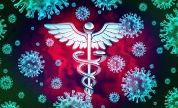 Virus infection healthcare and coronavirus outbreak or viral pneumonia and coronaviruses influenza as a dangerous flu strain case as a pandemic medical health risk concept with a medicine symbol as a 3D render.