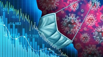 Economy and disease as an economic pandemic fear and coronavirus fears or virus Outbreak and Stock market selling as a sick financial health and business recession concept with 3D illustration elements.
