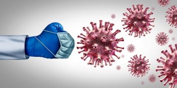 Virus fight for a vaccine and flu or coronavirus medical treatment for a disease as a doctor fighting a group of contagious pathogen cells as a health care metaphor for researching a cure with 3D illustration elements.