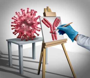 Virus vaccine development concept and flu or coronavirus medical research as Immunoglobulin or disease control with a doctor creating an antibody for researching a cure with 3D illustration elements.