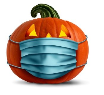 Halloween face mask as a jack o lantern pumpkin wearing a medical face mask as an autumn symbol for disease control and virus infection and coronavirus or covid-19 safety in a 3D illustration style.