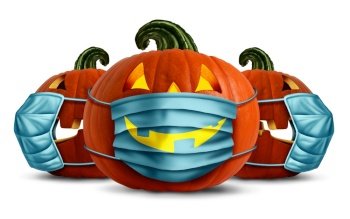 Halloween face masks as a jack o lantern pumpkin wearing a medical face mask as an autumn symbol for disease control and virus infection and coronavirus or covid-19 safety in a 3D illustration style.