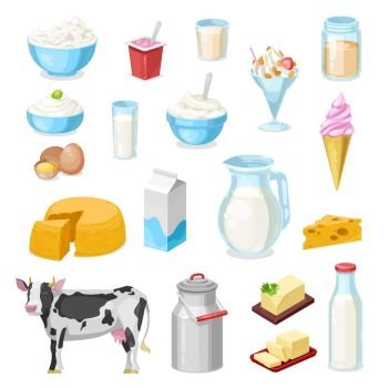 Milk products, vector icons of dairy farm food. Cheese, butter, yogurt glass bottle and cream jug, cow, bowls of cottage cheese, sour cream and ice cream, milkshake, eggs, fermented milk and margarine. Farm milk, cheese and butter icons of dairy food