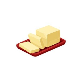 Sliced butter on plate isometric vector icon, isolated dairy natural farm product made of fresh milk. Sliced butter on plate isometric vector icon