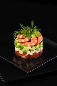  Tartare avocado   with mozzarella, tomatoes and shrimps.