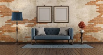 Living room with blue classic sofa,floor lamp and picture frane agaist old brick wall - 3d rendering. Living room with blue classic sofa and old brick wall