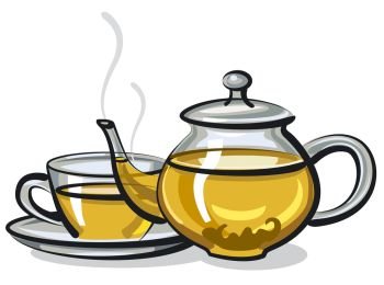illustration of hot green tea in pot and cup. hot green tea