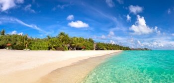 Panorama of Tropical beach in the Maldives at summer day