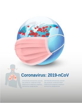Coronavirus Background, COVID-19, Earth globe wearing protective Medical Surgical mask. Vector illustration