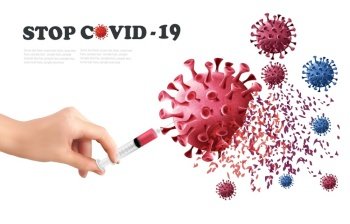 Coranavirus concept background. Hand holding syringe with vaccine destroying virus COVID - 19 molecules. Vector illustration.