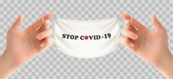 Two hands holding a medical mask. Stop Coranavirus concept background. Vector illustration