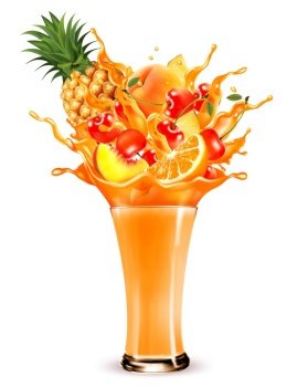 Exotic fruit juice splash. Whole and sliced pineapple, orange, peach, cherry fruit in a sweet juce or cocktail with splashes and drops isolated on transparent background. 3D. Vector.