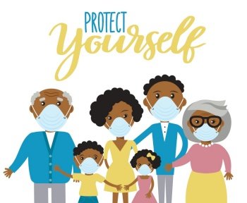 Family wearing protective Medical mask for prevent virus. Dad Mom Daughter Son Grandmother and Grandfather on white background. Coronavirus Protect yourself social media design.. family wearing protective Medical mask for prevent virus Wuhan Covid-19.