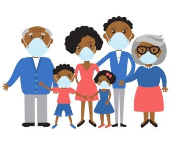 Family wearing protective Medical mask for prevent virus Wuhan Covid-19. Dad Mom Daughter Son Grandmother and Grandfather on white background. Coronavirus protection social media design.. family wearing protective Medical mask for prevent virus Wuhan Covid-19.