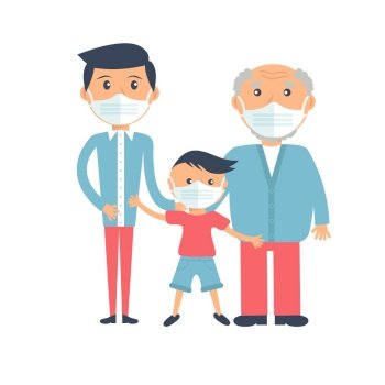 Family members father, grandfather and baby boy, wearing medical mask to protect themselves from corona virus. Covid - 19 concept vector illustration.. Family member wearing medical mask to protect themselves from corona virus concept vector illustration.