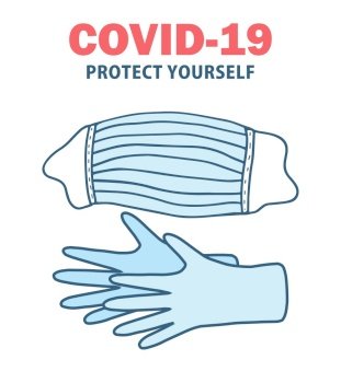 Protect yourself from coronavirus. Sticker for social media content. Vector hand drawn illustration design Covid-19. Medical mask, gloves and calligraphy phrase on white background. Protect yourself from coronavirus. Sticker for social media content.