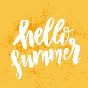 Hello Summer hand drawn brush lettering. logo Templates. Isolated Typographic Design Label with black text and yellow doodle sun icon.
