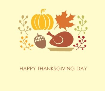 Thanksgiving autumn background vector illustration. Holiday elements - turkey, pumpkin, maple leaf, acorn and berry branch.. Thanksgiving autumn background vector illustration