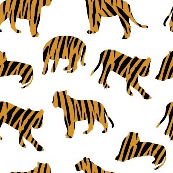 Vector illustration of tigers on white background. Trendy seamless pattern, exotic style.. Vector illustration of tigers . Trendy seamless pattern.