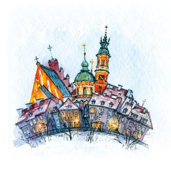 Watercolor sketch of Old Town in winter day, Warsaw, Poland. Old Town and river Vistula in Warsaw, Poland.