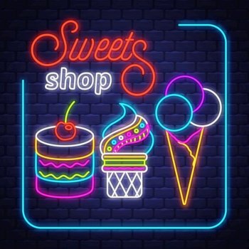 Sweets Shop- Neon Sign Vector. Sweets Shop - neon sign on brick wall background, design element, light banner, announcement neon signboard, night advensing. Vector Illustration.
