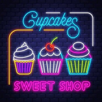 Cupcakes Shop- Neon Sign Vector. Cupcakes Shop - neon sign on brick wall background, design element, light banner, announcement neon signboard, night advensing. Vector Illustration.