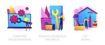 Repair and maintenance services abstract concept vector illustration set. Computer troubleshooting, DIY repair of household appliances, warranty, video tutorial, problem fix abstract metaphor.. Repair and maintenance services abstract concept vector illustrations.