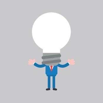 Vector illustration concept of businessman character with light bulb head. Grey background.