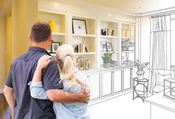 Couple Facing Book Shelf Built-in Drawing Gradating To Photo.