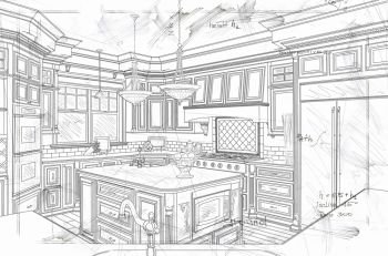 Beautiful Custom Kitchen Design Line Drawing Details.
