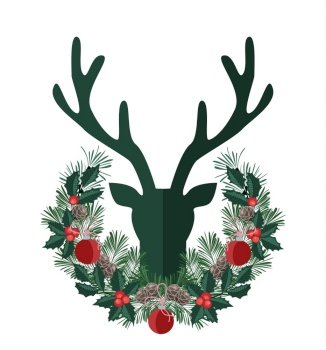 Vector illustration of deer antlers with mistletoe. Christmas card. Background with deer antlers