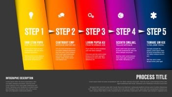 One two three four five - vector progress block steps template with descriptions and icons on diagonal blocks. Infographic Timeline Template with photos