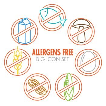 Vector icons set for allergens free products (milk, fish, egg, gluten, wheat, nut, lactose, corn, mushroom) - color version