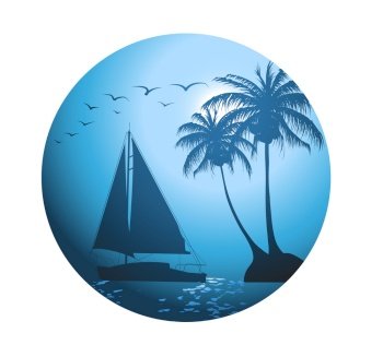 Summer background with palm trees and a yacht on the ocean 