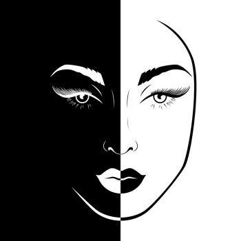 Abstract beautiful female face split in Negative Positive space, black and white conceptual expression, hand drawing illustration
