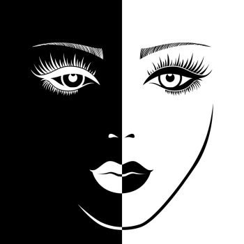 Abstract of charming woman’s sensual face in negative and positive space, black and white conceptual expression, hand drawing illustration 