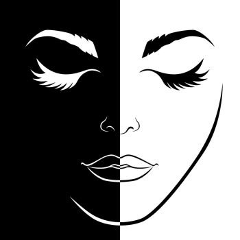 Abstract of charming woman’s face with closed eyes split in negative and positive space, black and white conceptual expression, hand drawing illustration