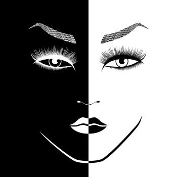 Abstract beautiful woman’s face split in negative and positive space, black and white conceptual expression, hand drawing illustration