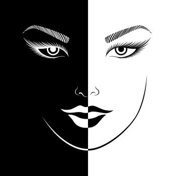 Abstract woman’s smiling face split in negative and positive space, black and white conceptual expression, hand drawing illustration