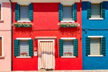 Houses of vivid colors in Burano in Venice with flowers on the window sills, Italy  - Italian architecture