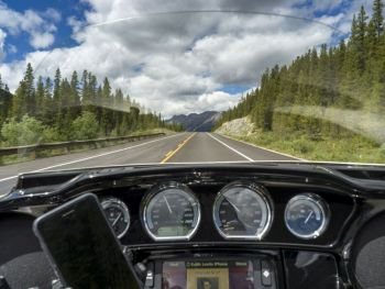 Road seen from the windshield of motorcycle, Icefields Parkway, Jasper, Alberta, Canada